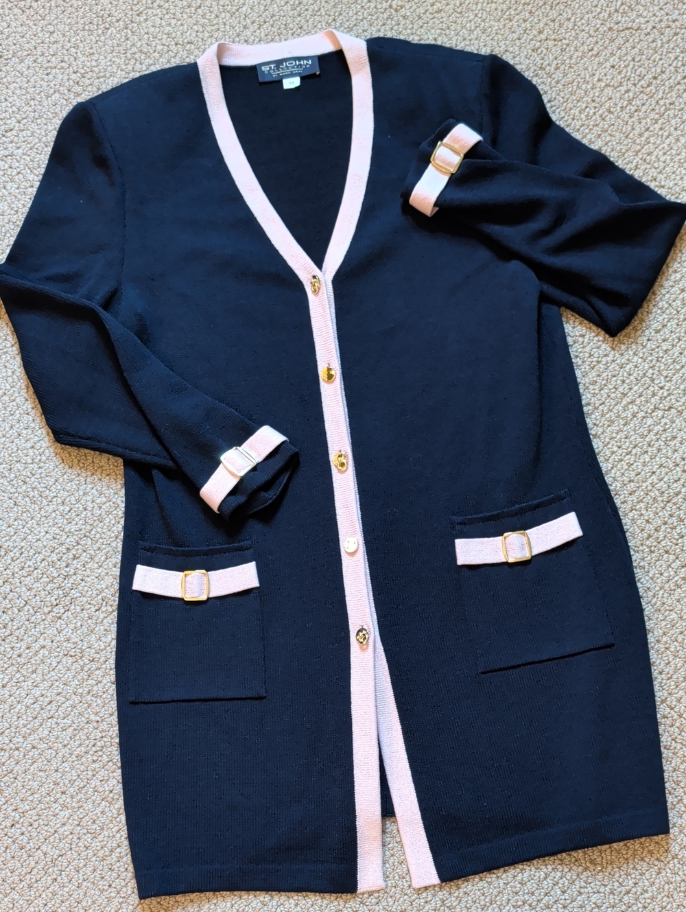 St. John Knit Navy Cardigan Light Pink Trim and Gold Accents 12